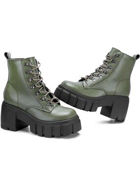 Women’s Dark Green Synthetic Rubber Chunky Lace Up Side Zip High Heel Boots